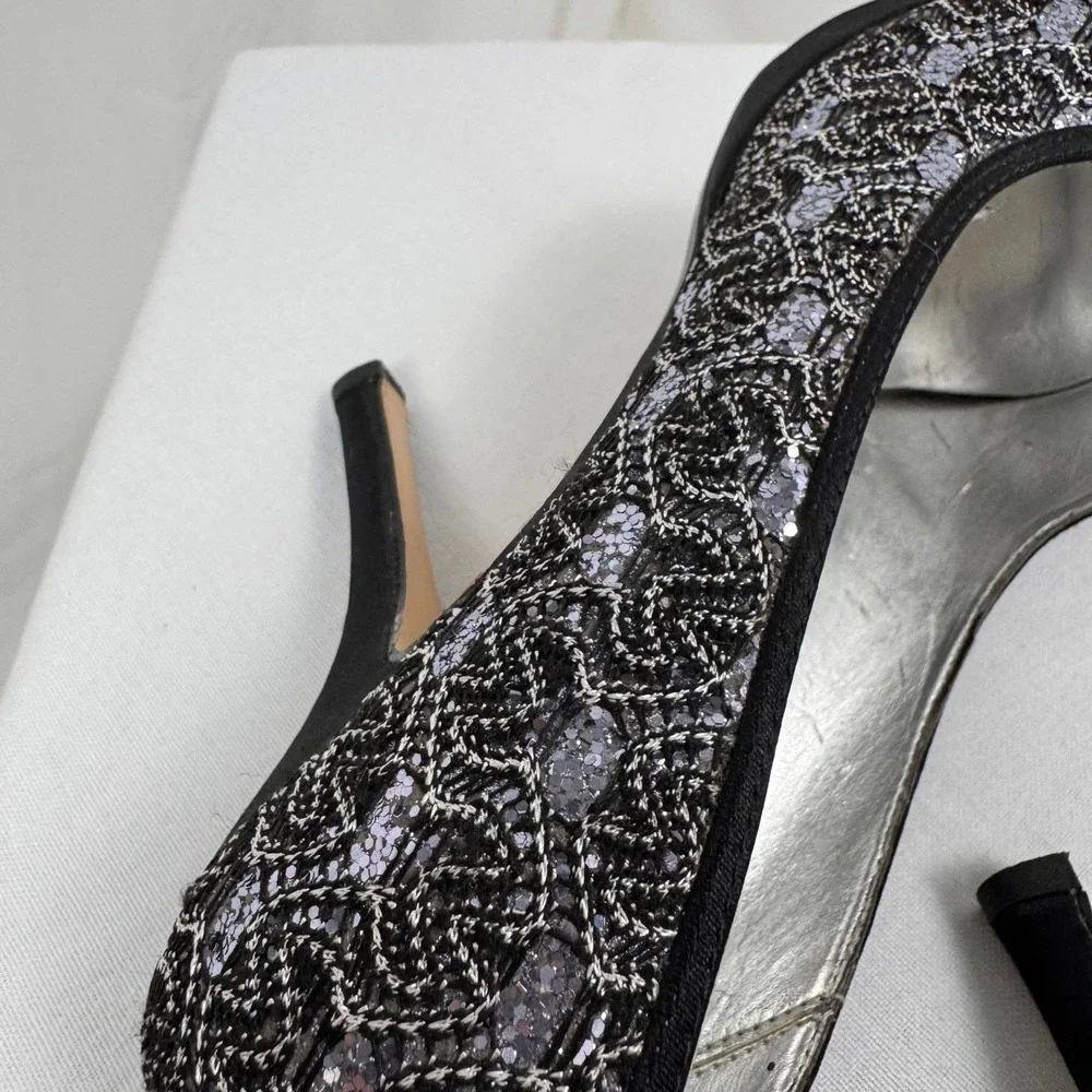 Caparros Peep Toe Heels Women 7B Black Silver Lace Sequin Sparkle Leather Sole